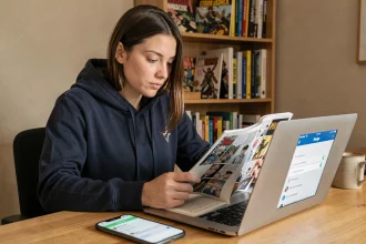 Jeune femme lisant du manga en ligne sur un ordinateur portable tout en vérifiant les paramètres de confidentialité sur son smartphone