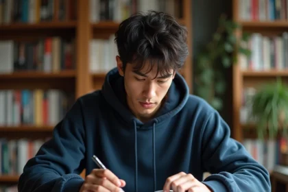 Jeune homme lisant un manga One Piece à son bureau à la maison, ambiance cosy et studieuse