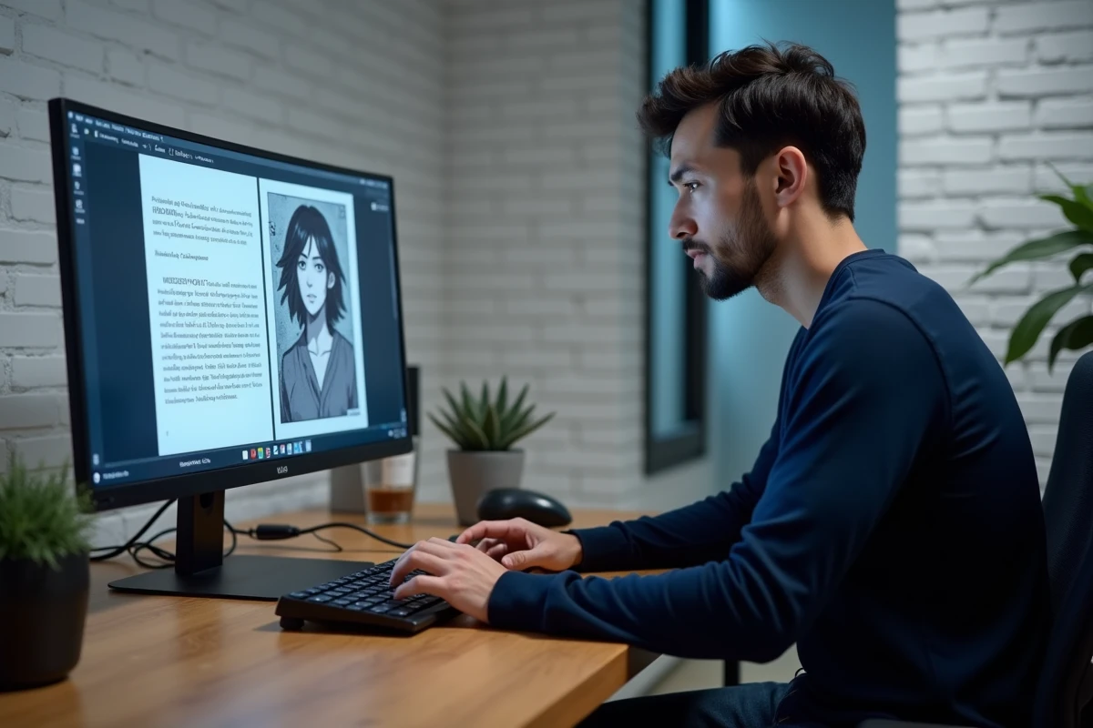 Homme lisant des scans manga sur PC avec un grand écran dans un bureau à domicile moderne