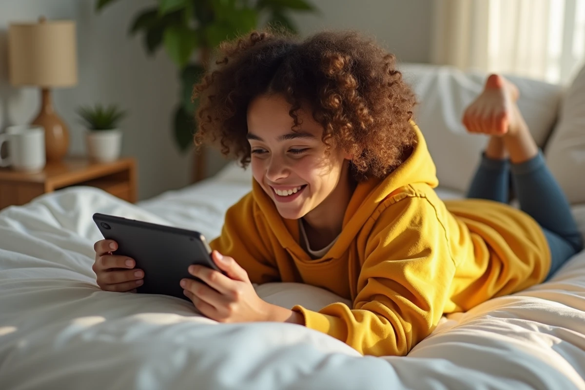 Personne lisant des scans manga sur tablette Android allongée sur un lit dans une chambre minimaliste