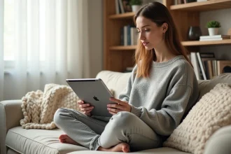 Jeune femme lisant des scans manga sur une tablette iPad dans un salon scandinave confortable