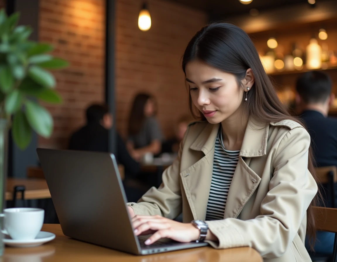Jeune femme consultant un scan manga One Piece sur ordinateur portable dans un café parisien
