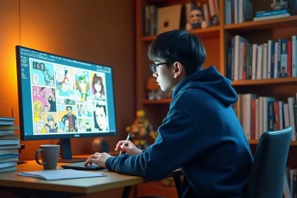 Jeune homme lisant un scan de One Piece sur un ordinateur dans un bureau cosy entouré de mangas