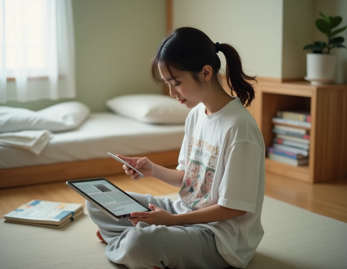 Adolescente lisant un scan de manga One Piece sur tablette dans sa chambre, ambiance détendue