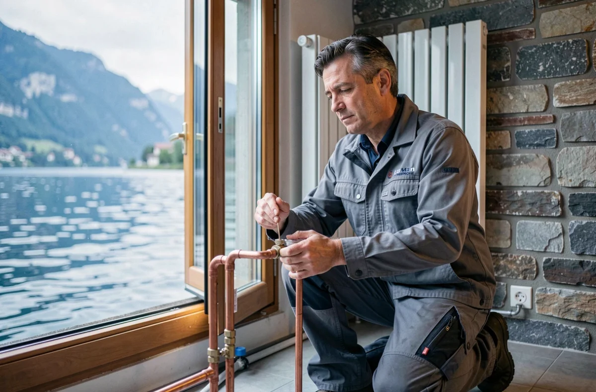 Plombier Leman Energie installant un système de chauffage dans une villa en bord du lac d'Annecy