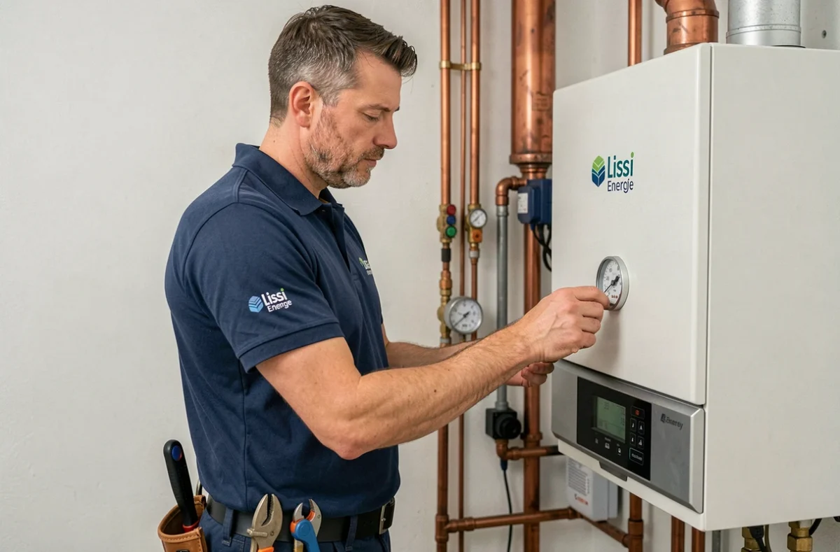 Technicien Lissi Energie inspectant une chaudière moderne dans une chaufferie résidentielle