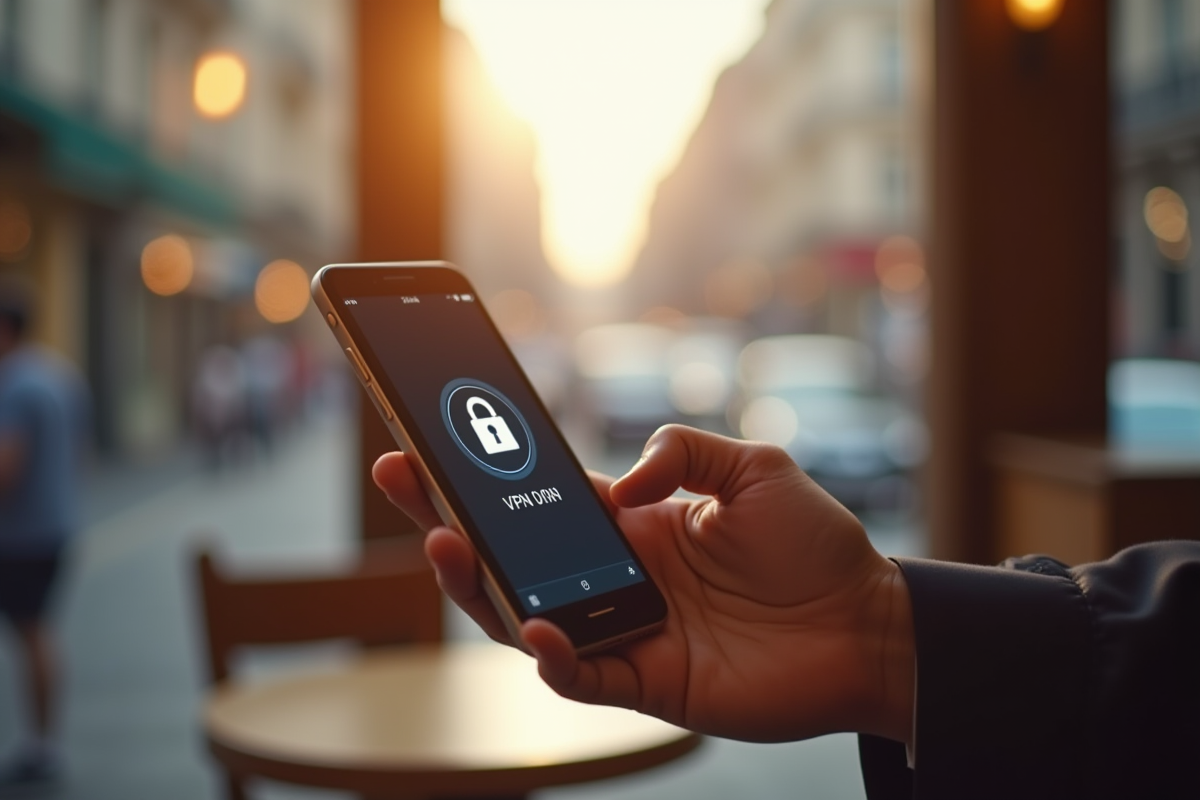 Main tenant un smartphone avec VPN dans un café ensoleille