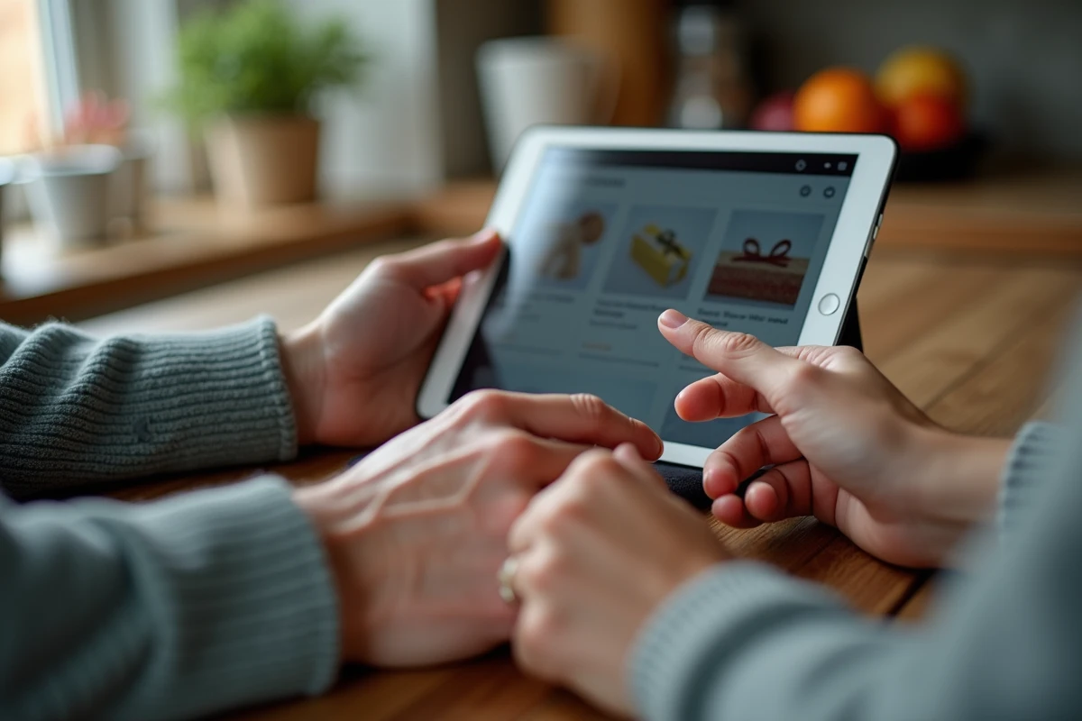 Mains d un couple d age utilisant une tablette dans la cuisine
