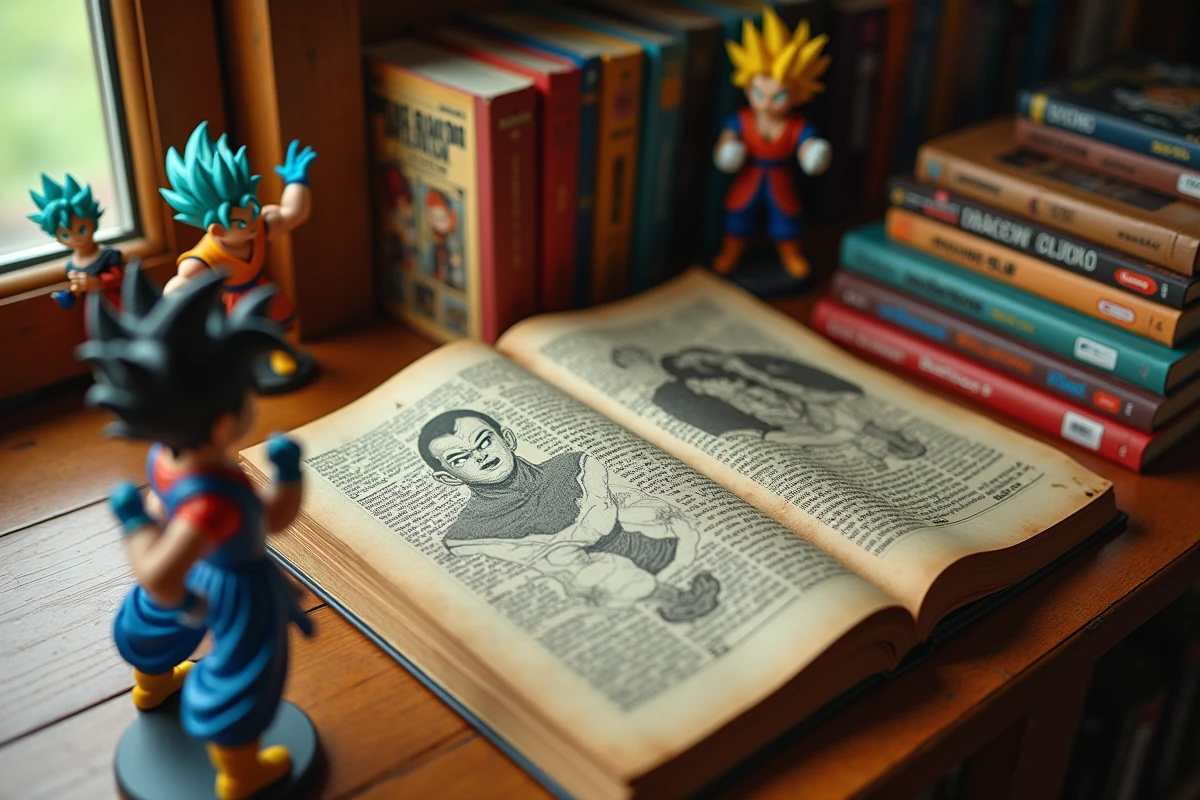 Collection de mangas Dragon Ball et figurines posées sur une table en bois avec leurs dates de publication