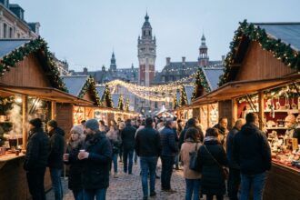 Marché de Noël animé à Lille avec chalets en bois, guirlandes lumineuses et foule en manteau d'hiver sur les pavés