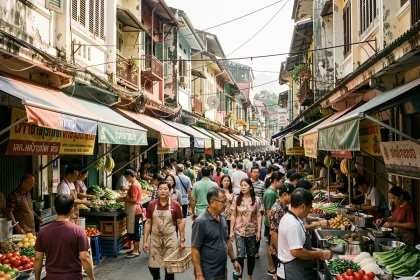 Marché de rue animé à Bangkok avec des vendeurs et acheteurs de diverses origines ethniques, illustrant la densité démographique et la diversité de la population urbaine thaïlandaise