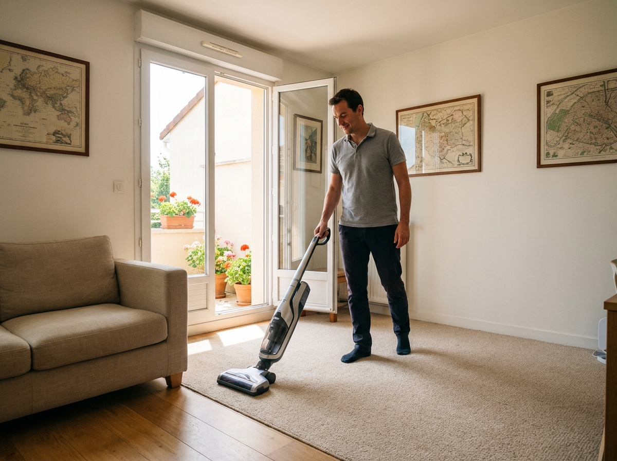Professionnel de ménage passant l'aspirateur dans un salon propre d'une maison individuelle en région de Sénart