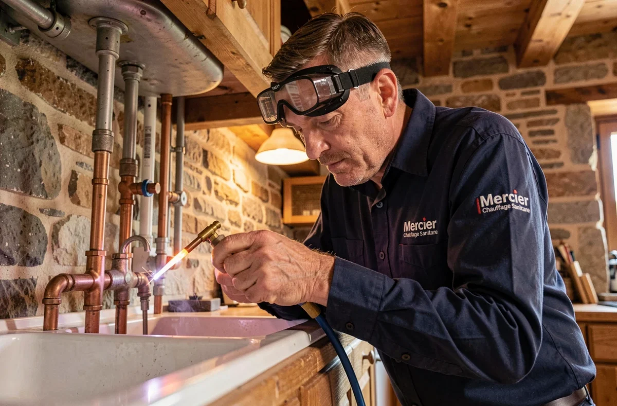 Artisan Mercier Chauffage Sanitaire soudant des tuyaux en cuivre dans une ferme savoyarde rénovée