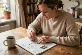 Femme remplissant des mots croisés dans un journal français avec la solution ville de Mayenne en 5 lettres