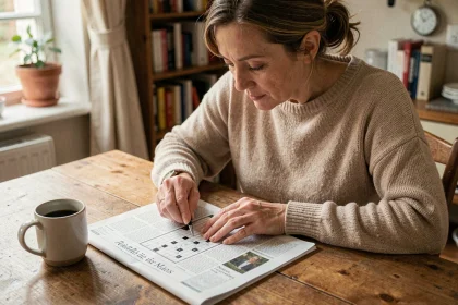 Femme remplissant des mots croisés dans un journal français avec la solution ville de Mayenne en 5 lettres