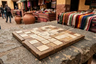 Grille de mots fléchés posée sur une table en pierre avec des mots en lettres incluant ICA, ville du Pérou en 3 lettres, dans un marché artisanal péruvien