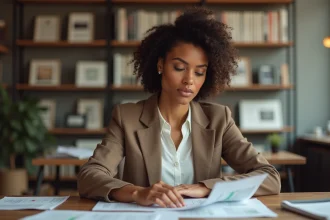 Femme journaliste d'origine nord-africaine assise à un bureau, illustrant un article sur Naïma M'Faddel et sa biographie