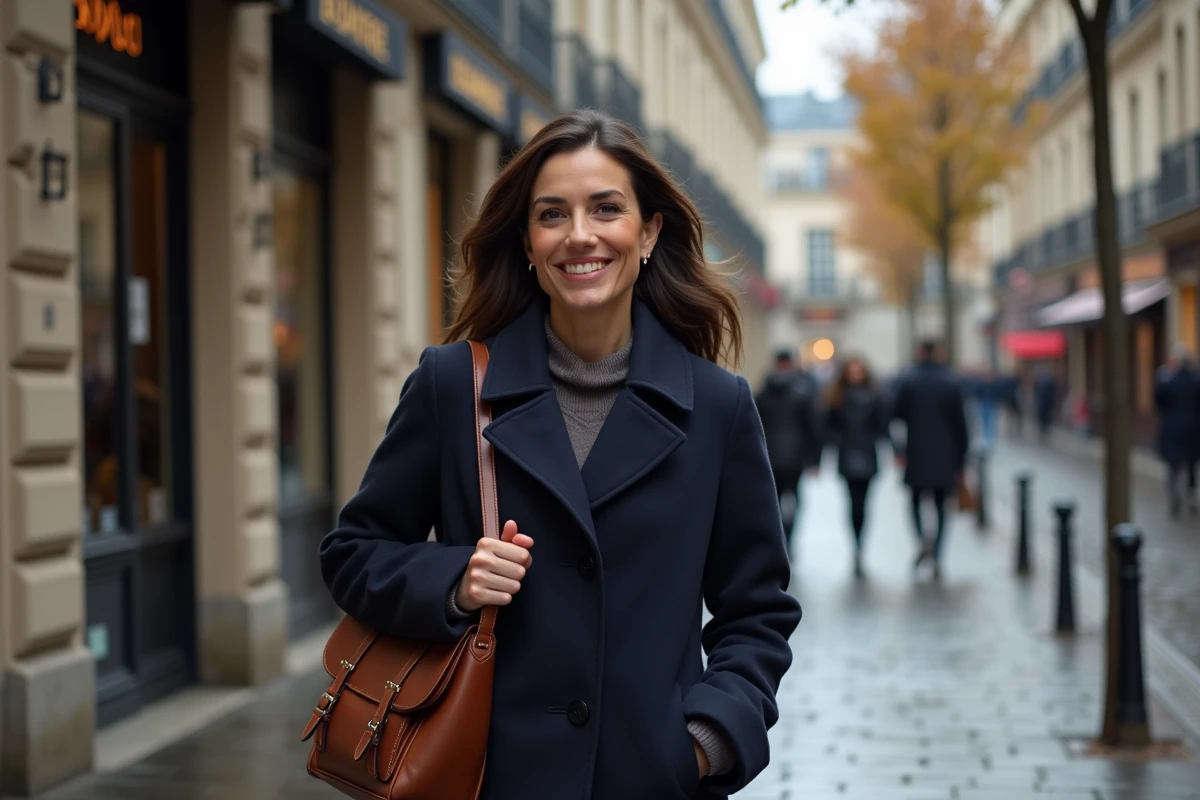 Femme marchant dans une rue parisienne en automne, illustration biographique pour un article sur Naïma M'Faddel en 2026