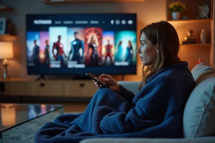 Jeune femme regardant une plateforme de streaming sur sa télévision dans un salon moderne pour suivre l'ordre des films Marvel sur Disney+