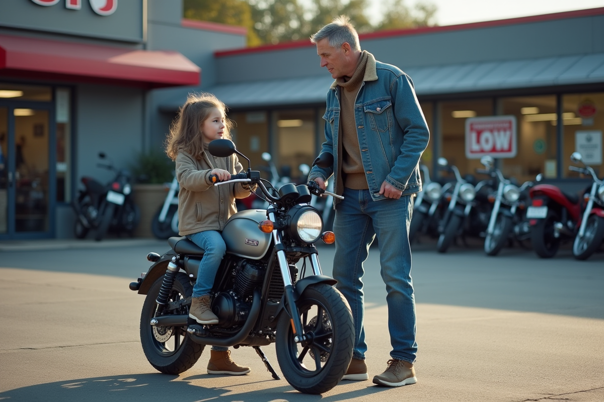 Père et fille examinant une moto Piwi 50 devant un concessionnaire