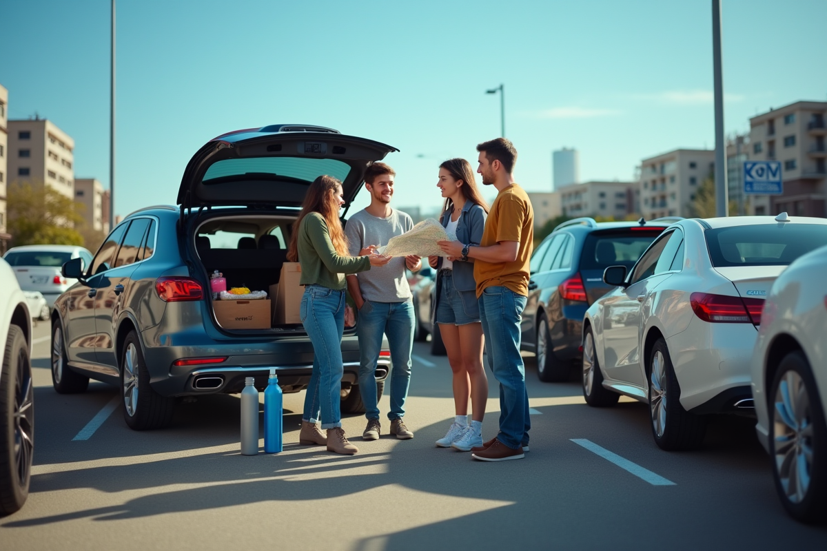 Groupe autour d une voiture dans un parking urbain en partage
