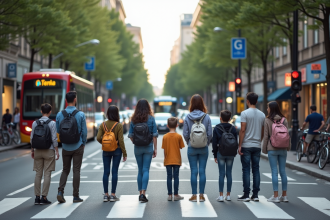 Groupe diversifié attendant au passage piétons en ville