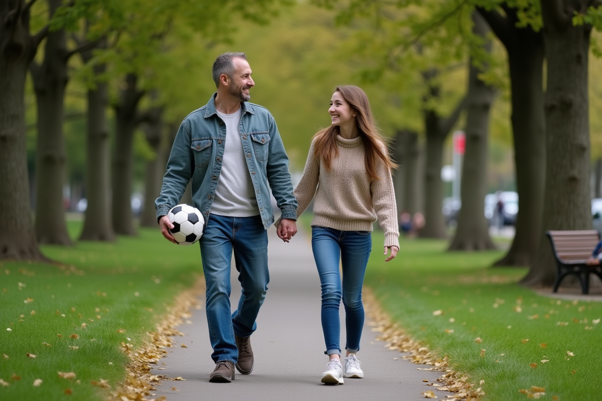 Pere et fille adolescente marchant dans un parc en discutant