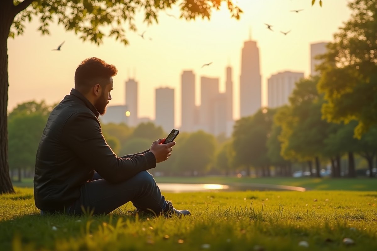 Personne seule dans un parc avec smartphone en regard contemplatif