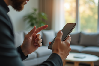 Personne parlant à son smartphone dans un salon lumineux
