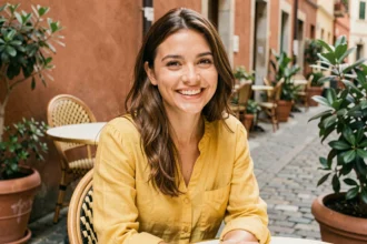 Jeune femme souriante et épanouie, qualifiée de personne solaire, attablée à une terrasse de café en ville