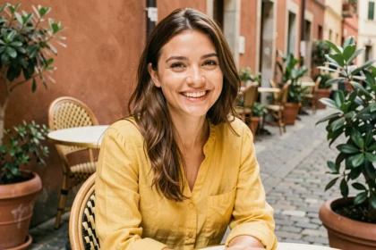 Jeune femme souriante et épanouie, qualifiée de personne solaire, attablée à une terrasse de café en ville