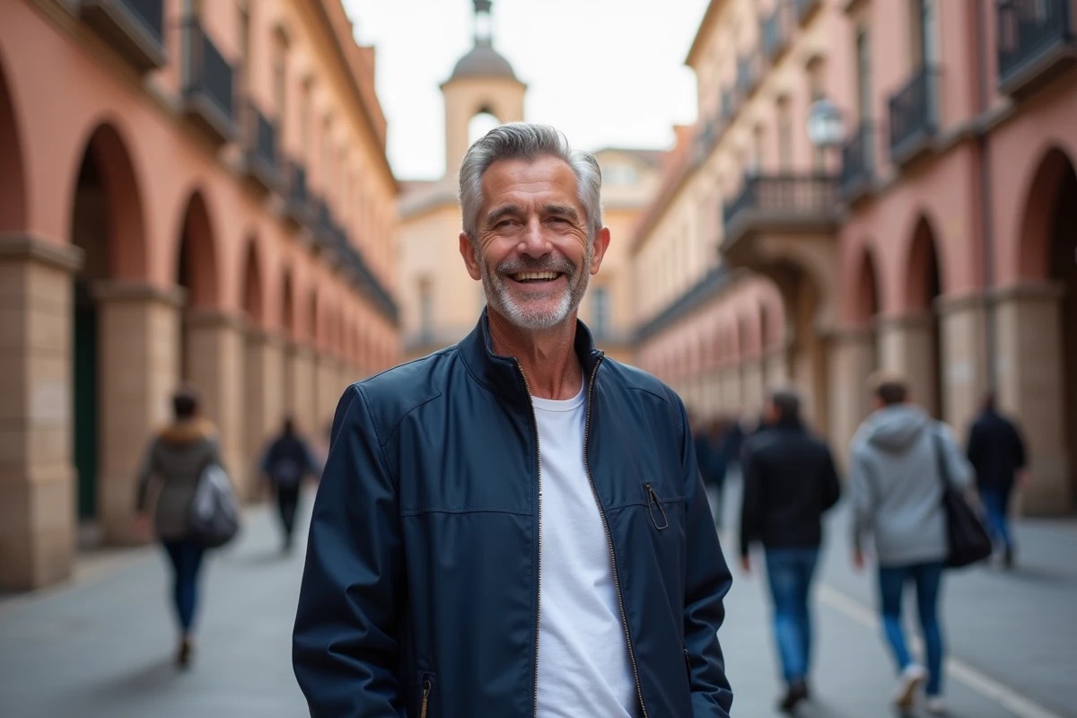 Homme souriant posant devant la façade en briques roses du Capitole de Toulouse, symbole de l'identité culturelle et des racines toulousaines