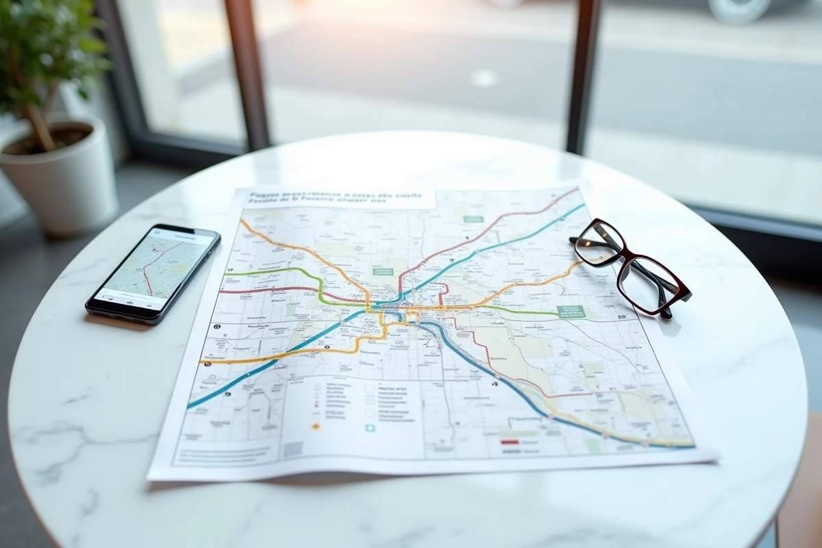 Plan de ligne de bus imprimé en haute résolution posé sur une table avec un smartphone et des lunettes