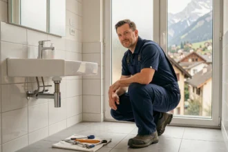 Plombier professionnel en train de travailler dans une salle de bain à Annecy avec vue sur les toits alpins