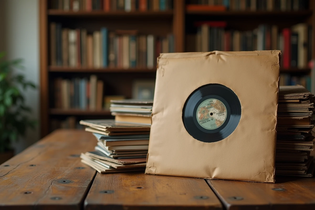 Pochette de vinyle vintage rare et usée posée sur une table en bois ancien dans une collection privée