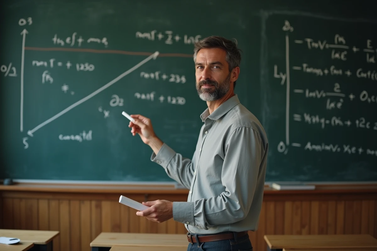 Professeur de mathématiques expliquant l'équation réduite de la tangente et le nombre dérivé devant un tableau noir rempli de formules