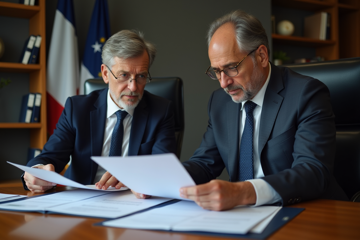 Homme et femme d affaires examinant des documents officiels français