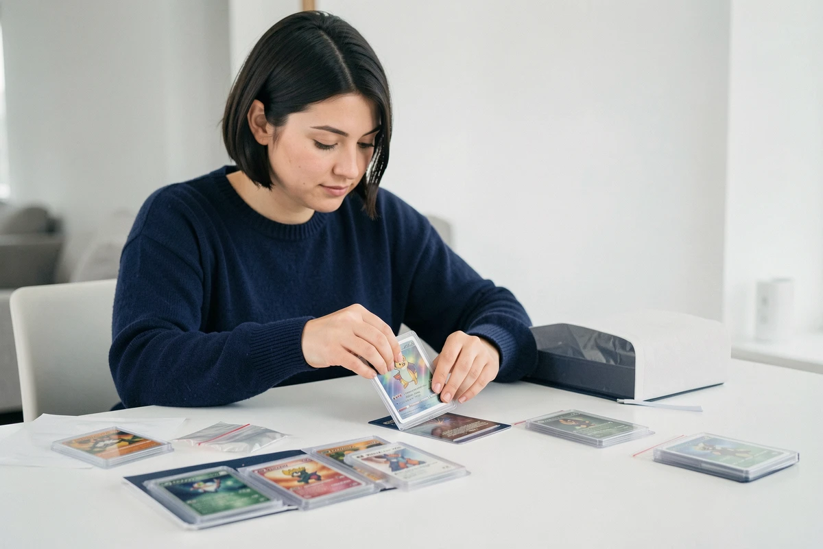 Femme rangeant une carte Pokémon dans une protection rigide sur une table blanche avec des cartes gradées et des classeurs