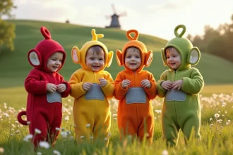 Quatre tout-petits en costumes Teletubbies dans un jardin ensoleille