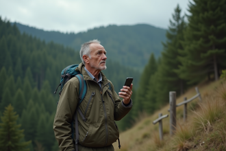 Homme en randonnée regardant la forêt et l'horizon