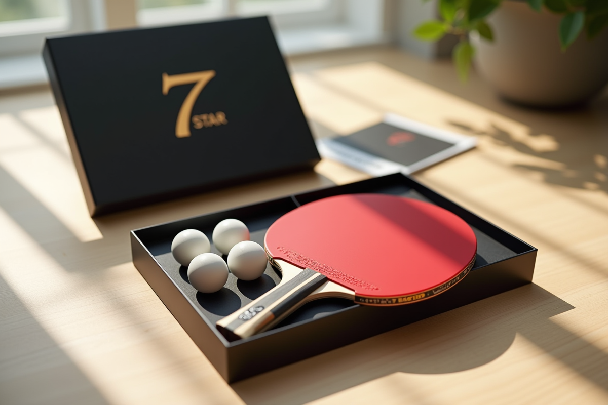 Raquette 7star élégante sur son coffret avec balles et notice