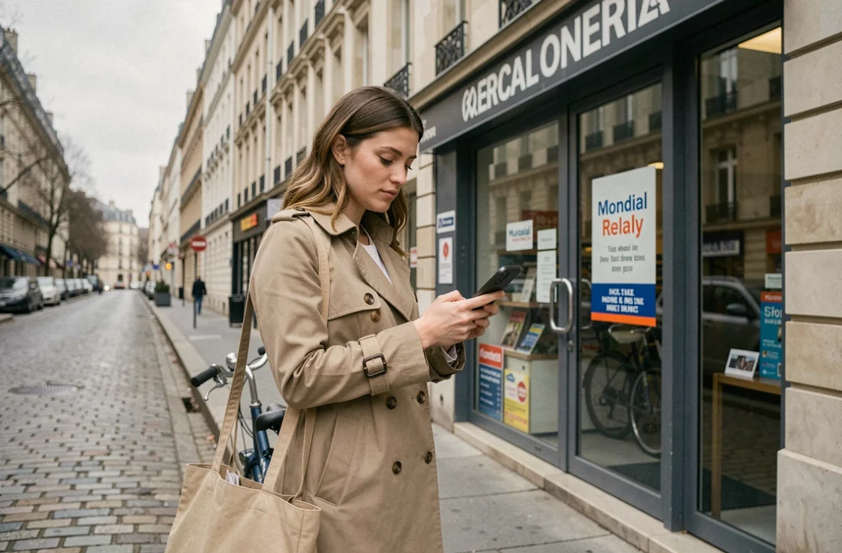 Jeune femme vérifiant les horaires d'un point Mondial Relay sur smartphone devant une boutique en rue