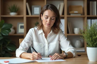 Femme rédigeant une lettre de résiliation formelle à la main sur un bureau en bois avec des documents juridiques