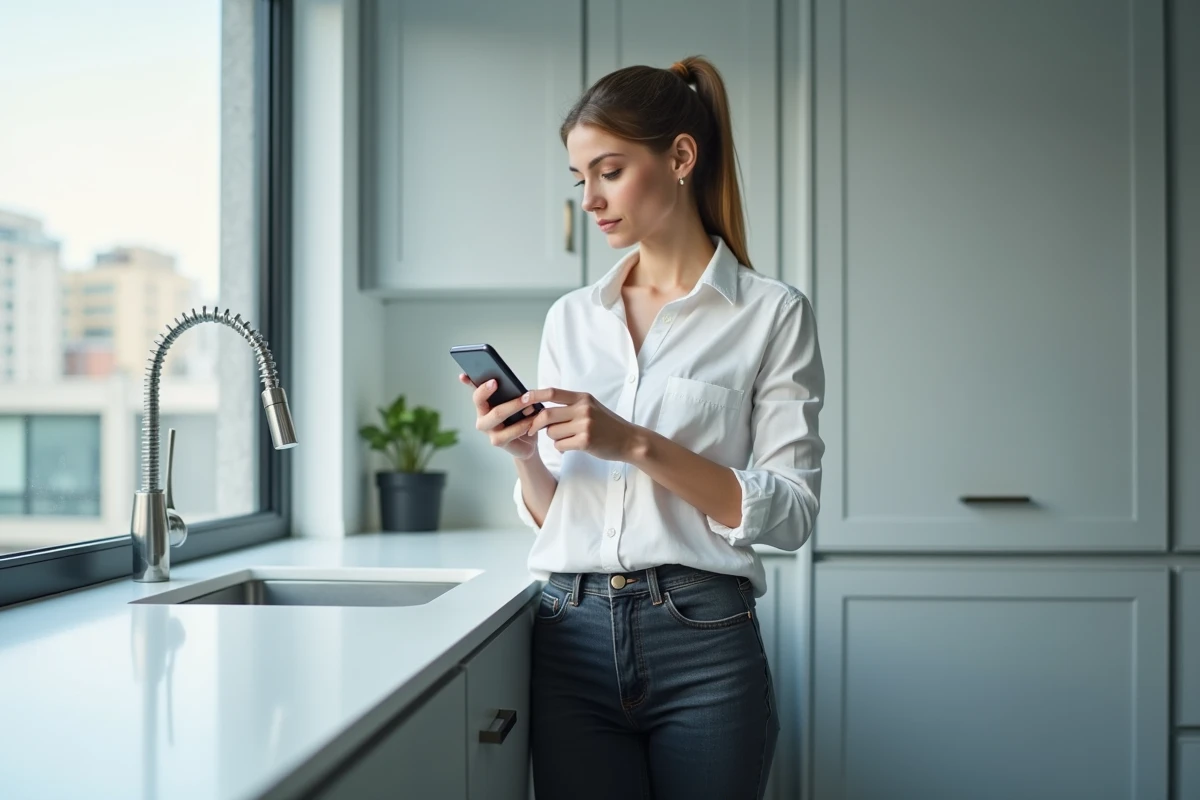 Femme regardant anonymement une story Instagram sur smartphone dans une cuisine moderne