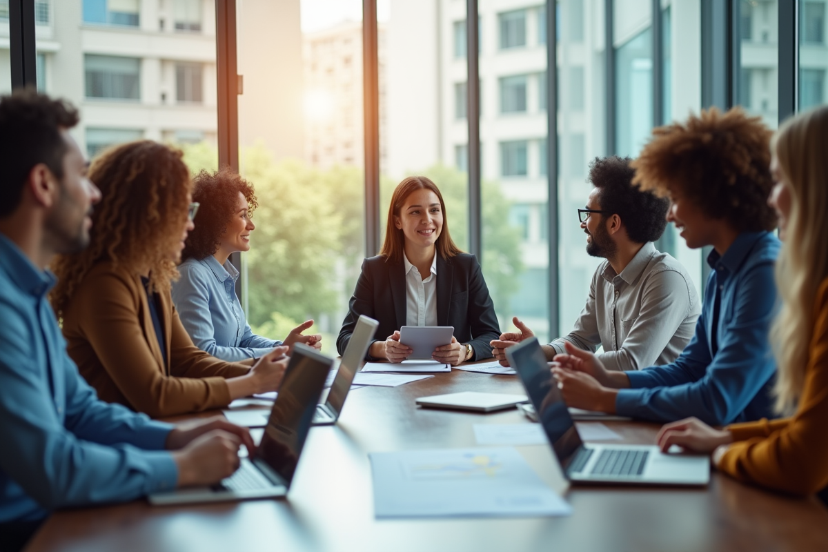 Groupe de professionnels en réunion dans un bureau lumineux