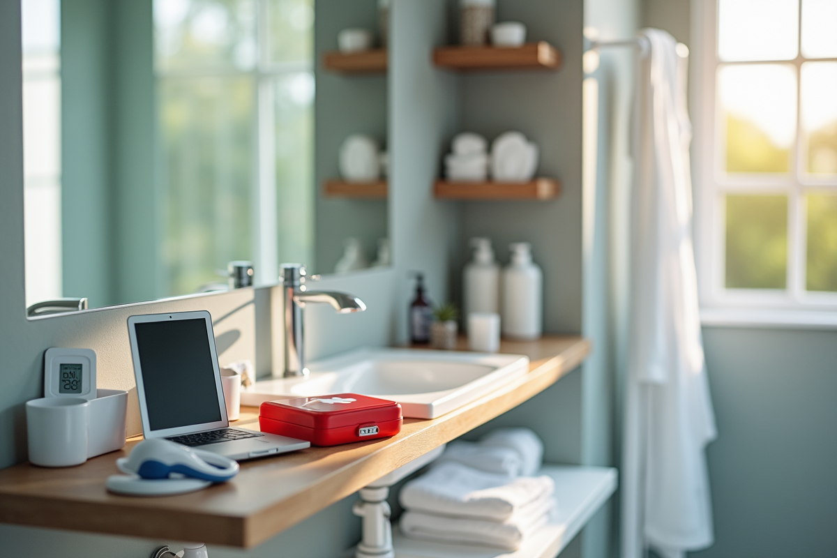 Salle de bain moderne avec étagère organisée et matériel médical