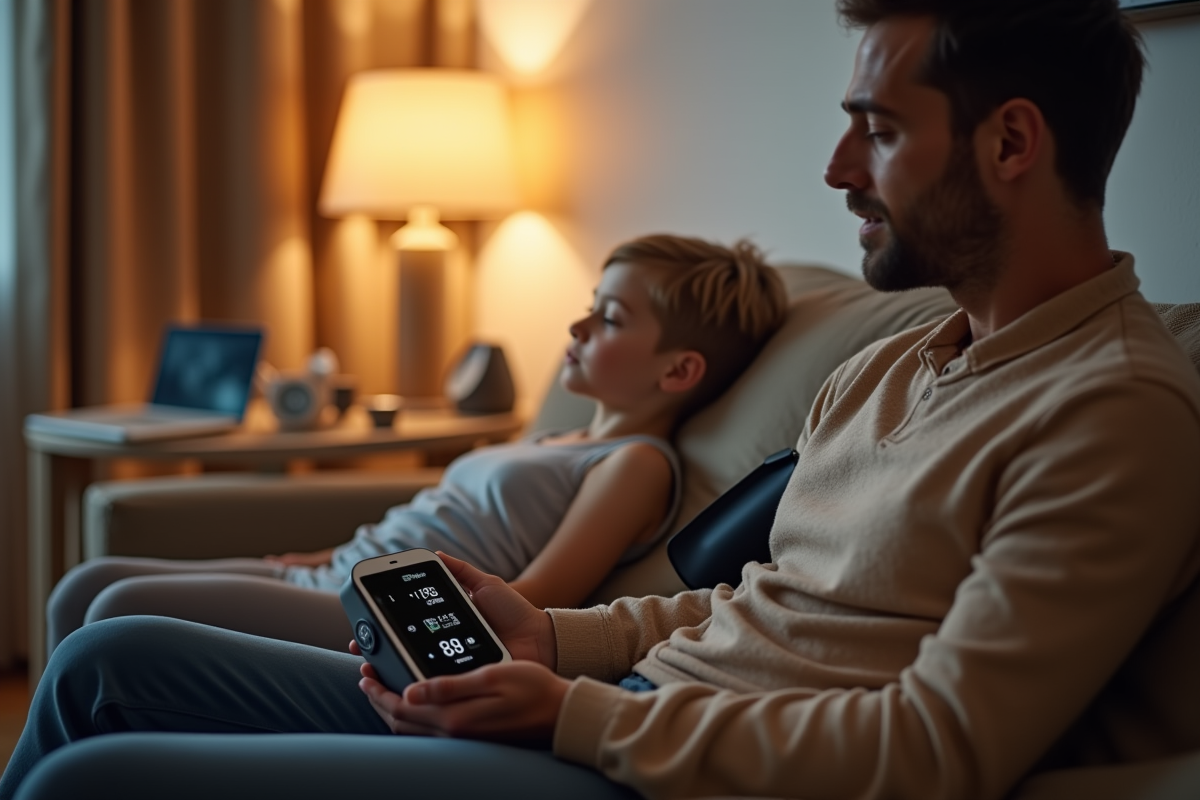 Salon chaleureux avec personne utilisant un tensiomètre automatique