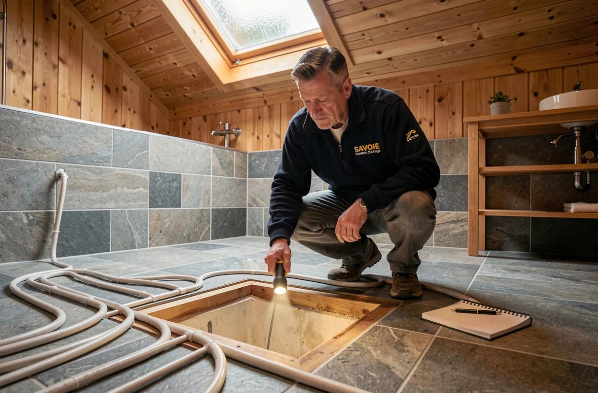 Technicien Savoie Plomberie Chauffage inspectant un plancher chauffant dans un chalet savoyard à Annecy