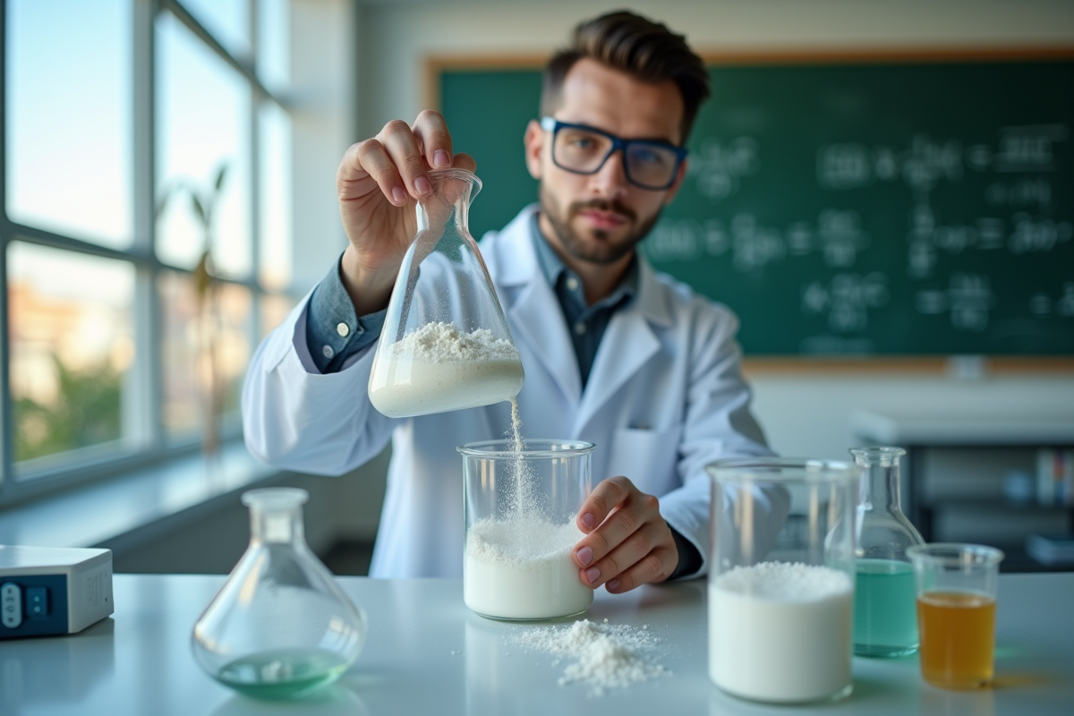 Scientifique versant poudre dans un cylindre gradué en laboratoire