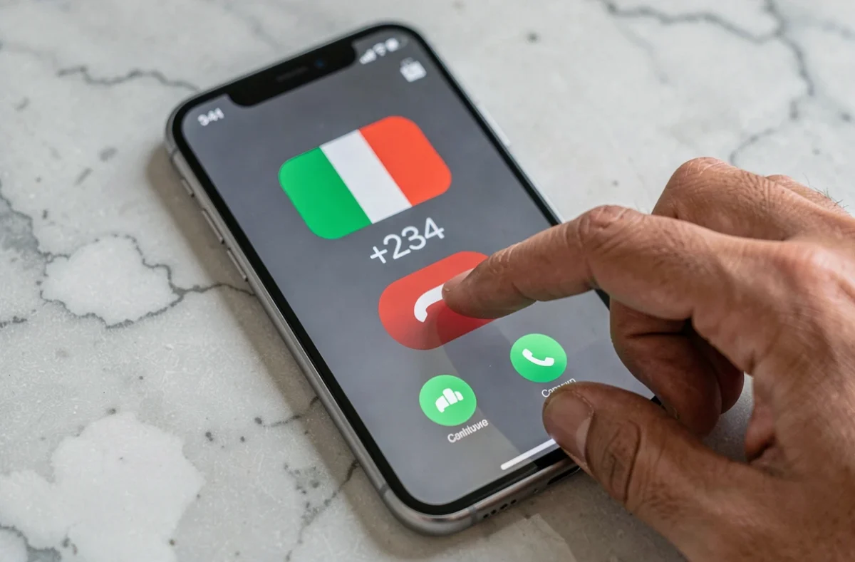 Gros plan d'un smartphone affichant un appel entrant depuis le code pays +234 Nigeria avec option de refus
